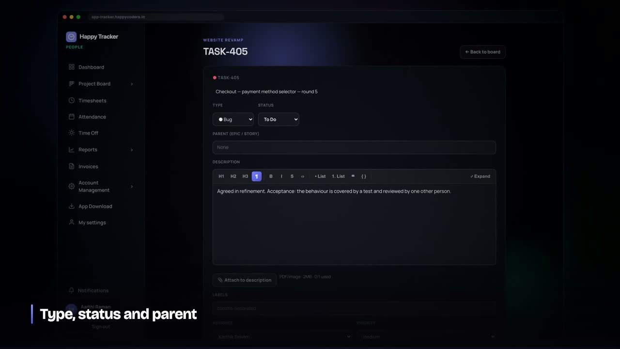 Inside a task: description, comments, attachments, estimate and tracked time.