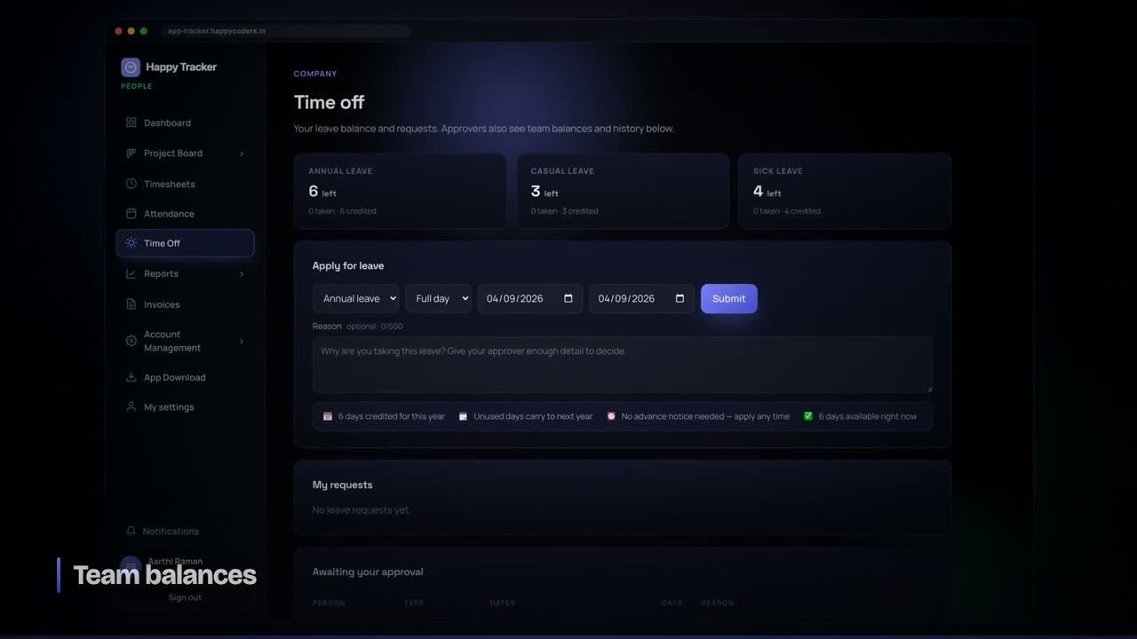 Balances are computed from the policy and the requests, per person and per type.