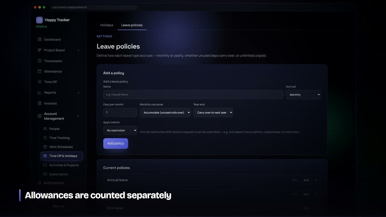 Leave policies: allowance, accrual, carryover and notice.